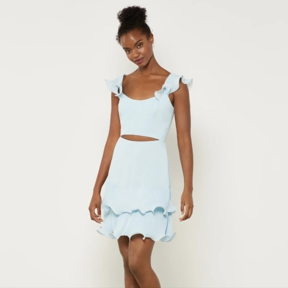BCBGMaxAzria Asher Powder Blue Flutter Sleeve Mini Cutout Frilly Ruffle dress